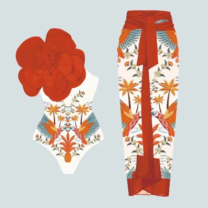 Women's white floral print one-piece swimsuit with matching wrapped skirt