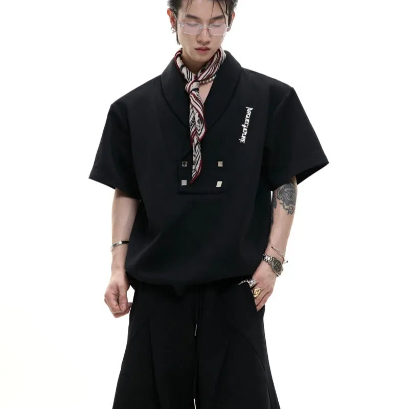 Men's dark grey cotton sports suit with padded shoulder jacket and matching shorts with metal embellishments