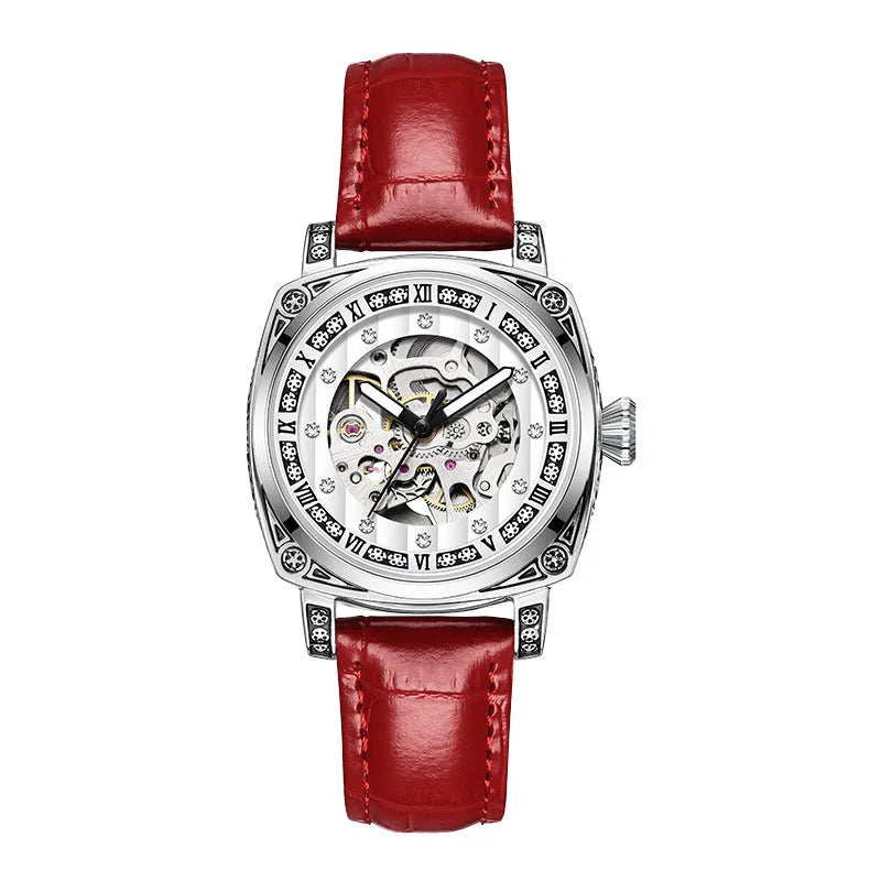 Men's mechanical wristwatch with a leather strap and luminous hands on a dial, shown in one of four colour options.