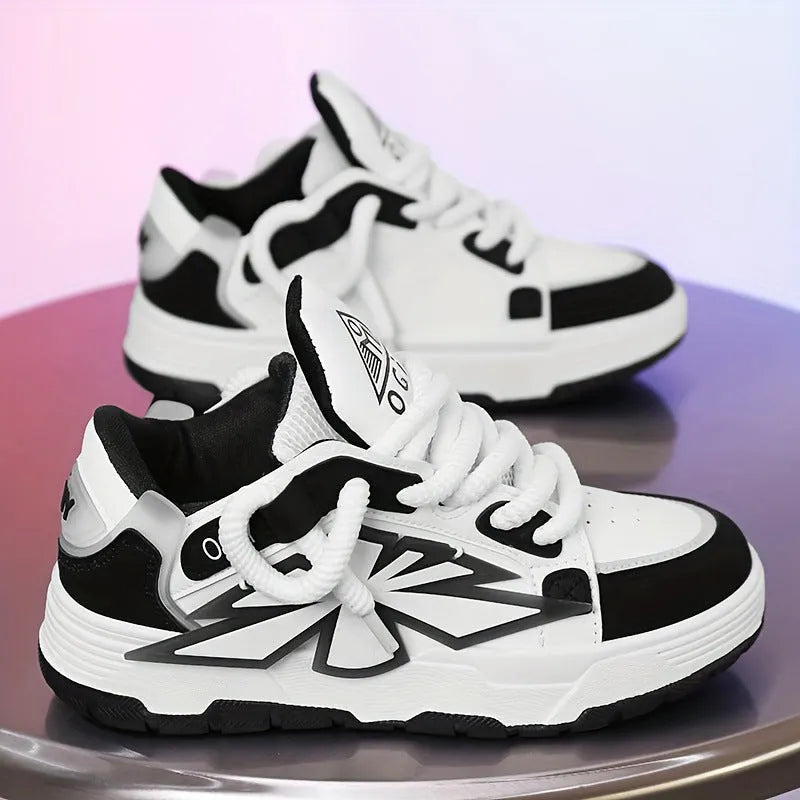 Men's white chunky sole sneakers with cartoon totem pattern and front lace-up design.