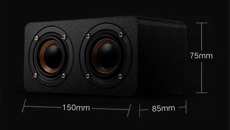 Mini portable Bluetooth speaker with wooden shell, dual speakers, and retro black finish