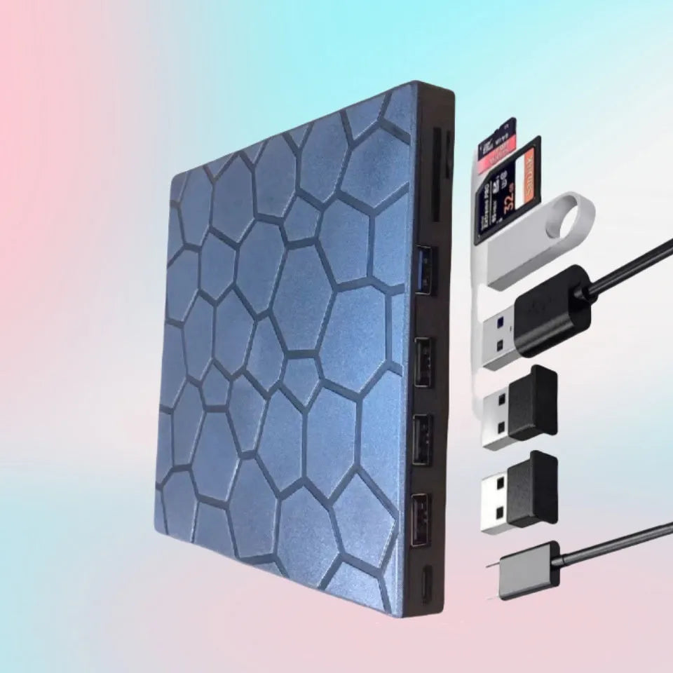 Black external USB CD/DVD drive with compact dimensions for computer optical disc reading and writing