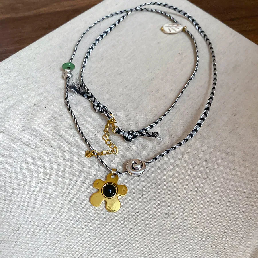 Stone shell beaded flower pendant necklace on adjustable alloy chain in ethnic style