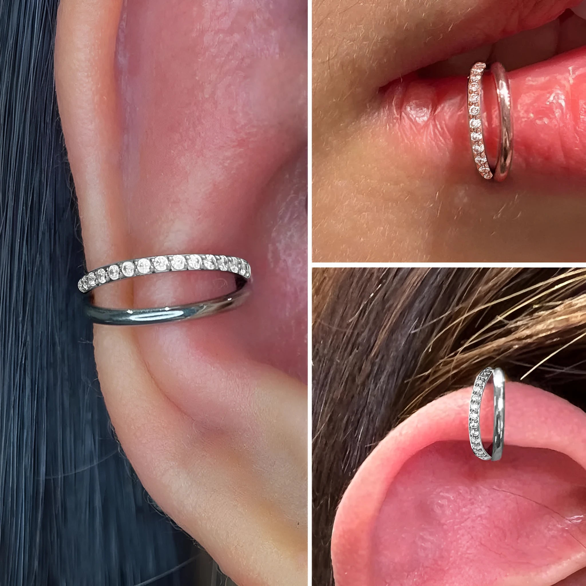 Titanium alloy nose ring on a plain background, shown in silver and gold finishes.