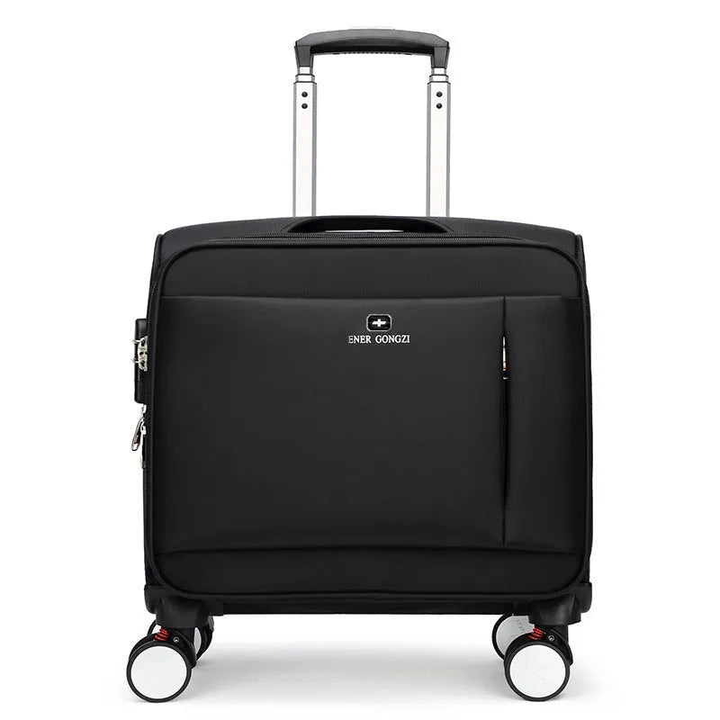Black 18-inch Oxford cloth business suitcase with pull handle and universal wheels.