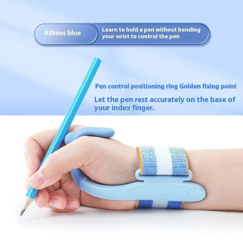 Blue anti-hook wrist brace and pen control corrector for children's writing posture on a table.
