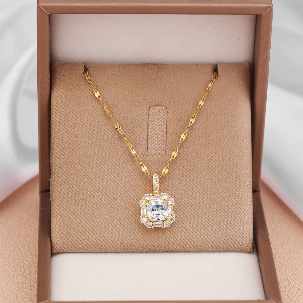 Women's titanium steel clavicle chain with geometric zircon and gemstone pendant
