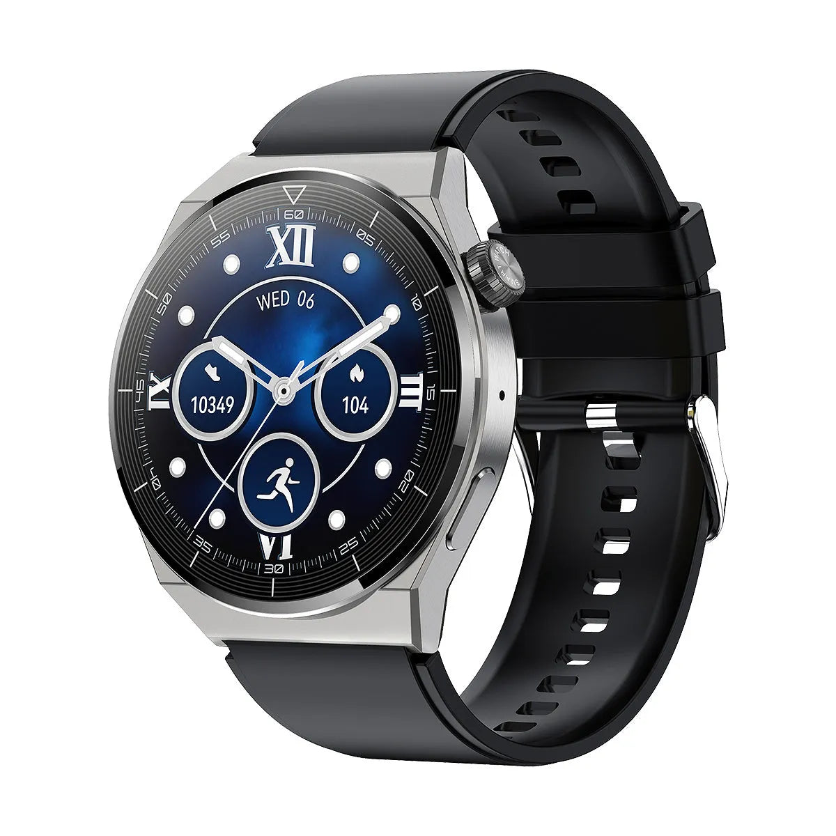 Black or silver Android smart watch with round display showing Bluetooth calling and NFC access control interface