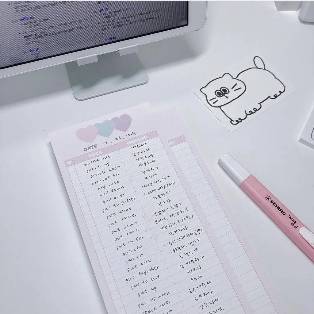 Vertical B5 half-size notepad with double-sided printing in blue, pink, or purple cover colours