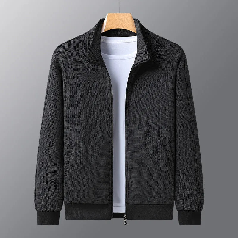 Men's fitted athletic jacket with a stand-up collar and front zipper in a grey colour.