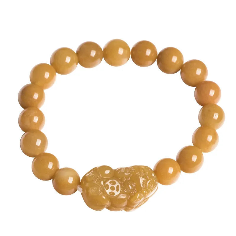 Carved Golden Thread Jinsi Jade bracelet with money motif on adjustable cord, shown in two bead sizes.