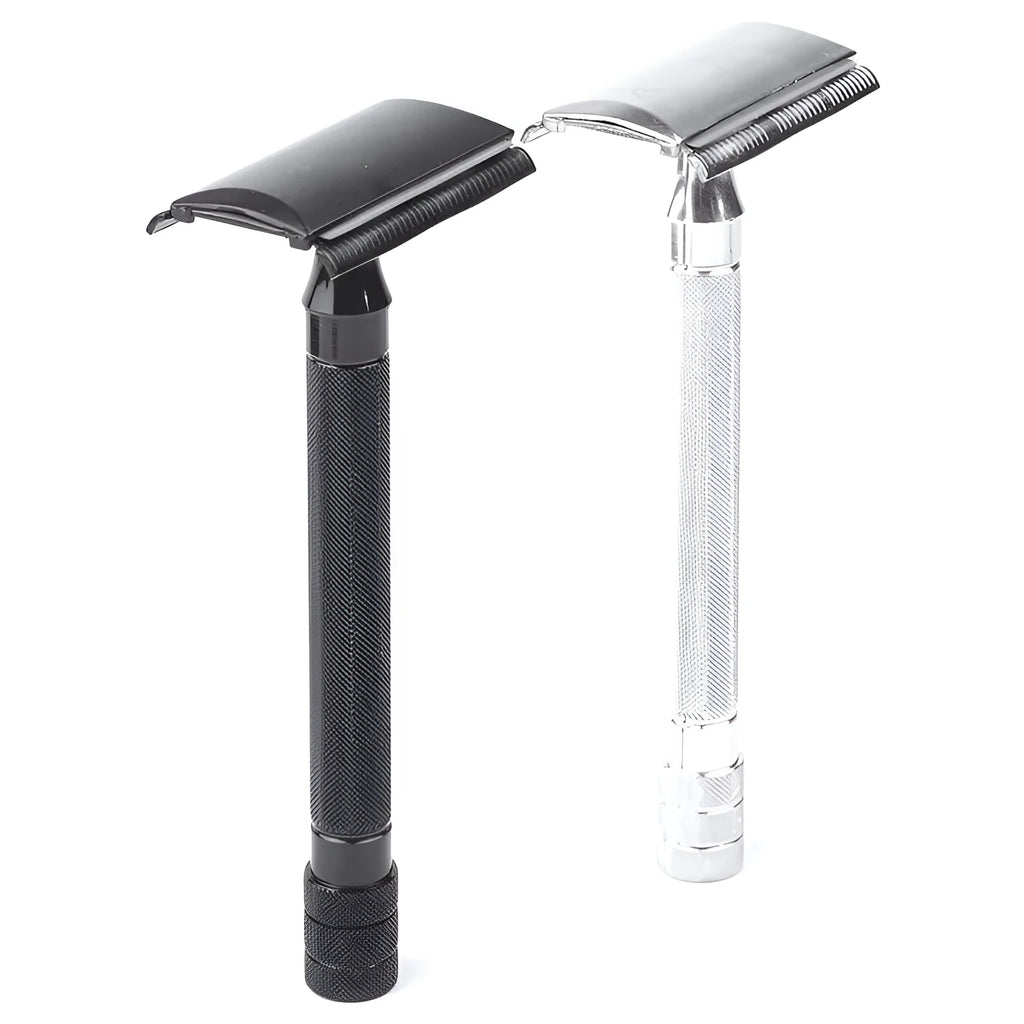 Traditional manual safety razor and shaving brush set in chrome metal finish