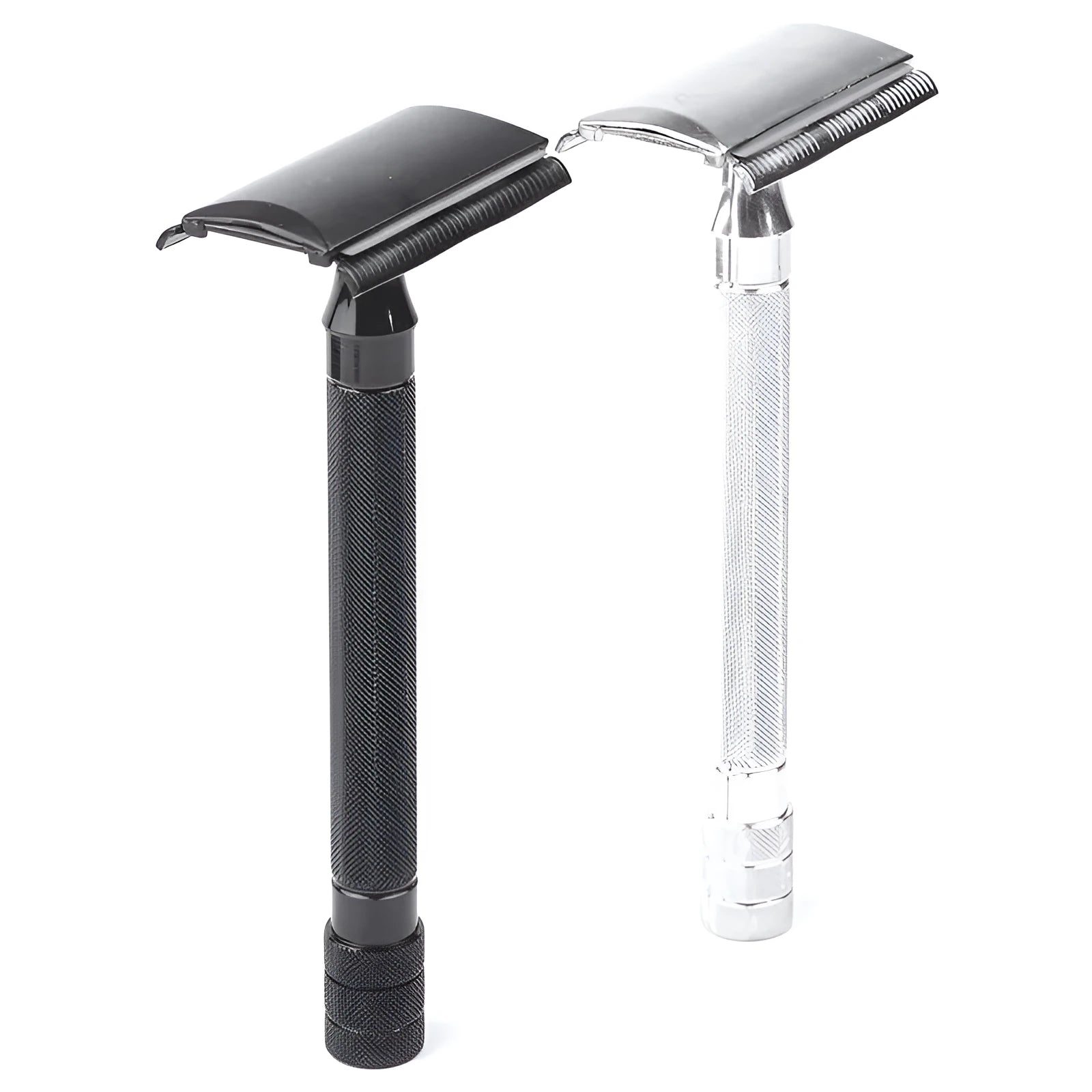 Traditional manual safety razor and shaving brush set in chrome metal finish