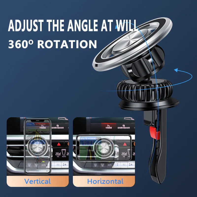 Magnetic air vent phone holder with black bracket mounted on car dashboard