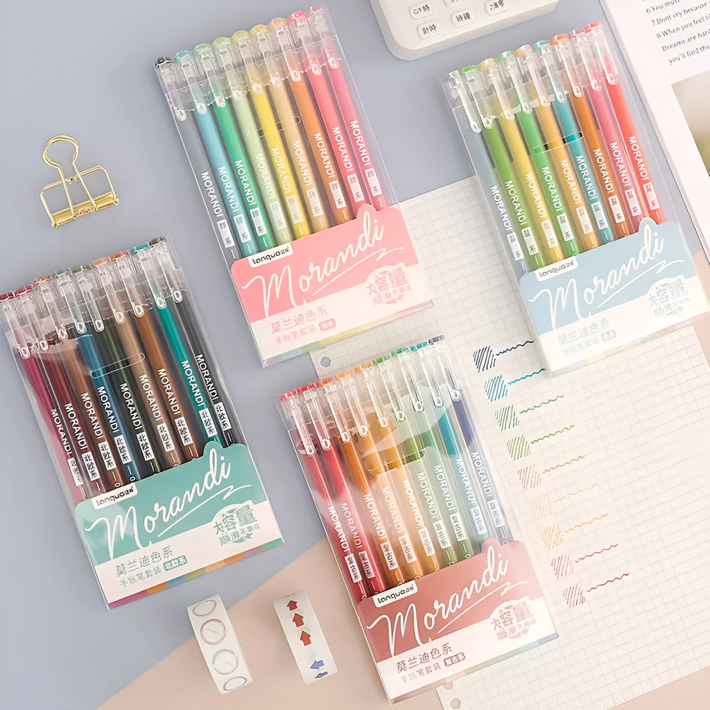 Set of nine retro-style gel pens with 0.5mm needle tips in various solid colours for student notes