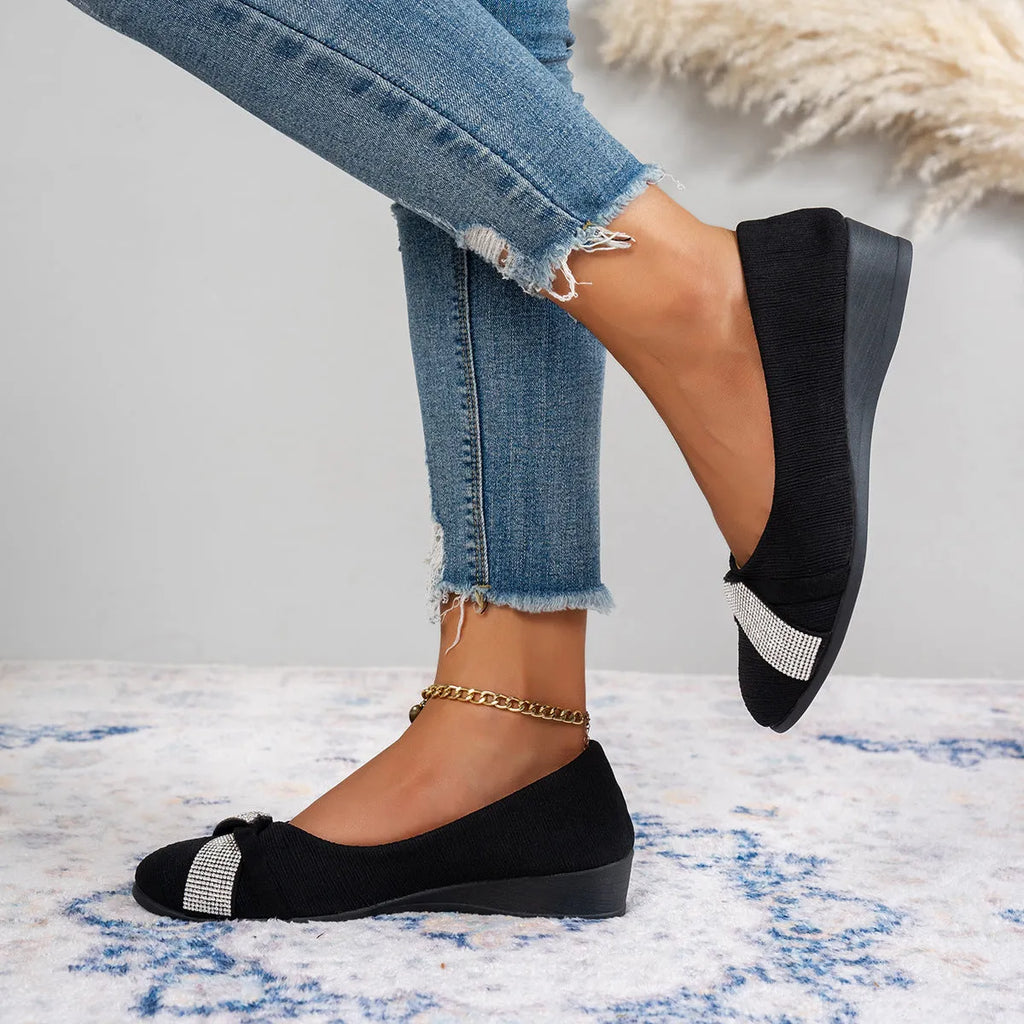Women's black casual slip-on shoes with rhinestone details, round toe and 6-8cm chunky heel