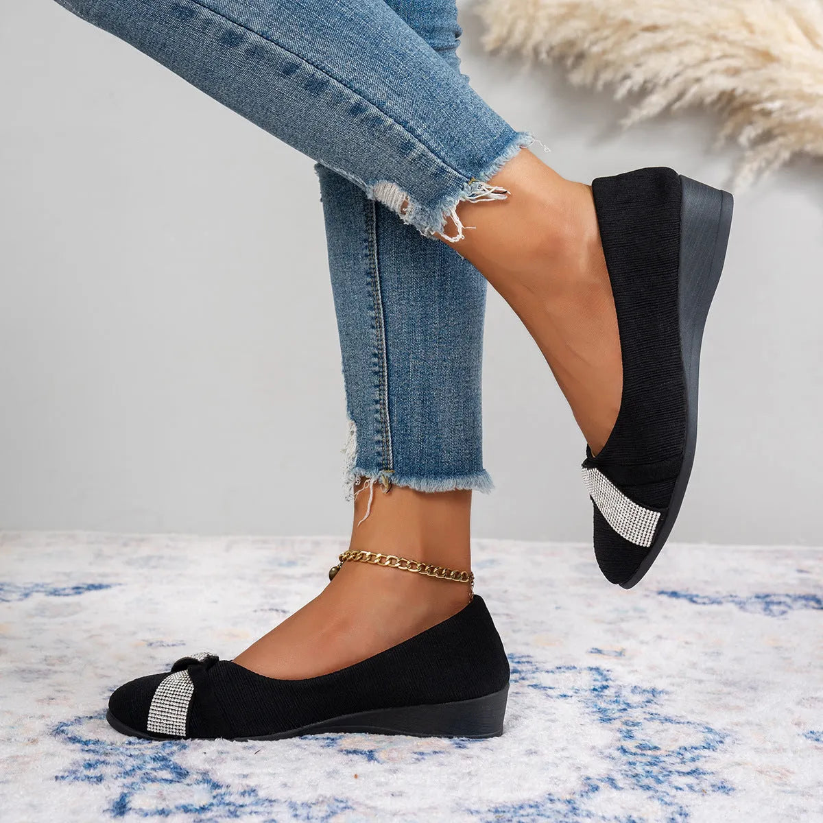 Women's black casual slip-on shoes with rhinestone details, round toe and 6-8cm chunky heel