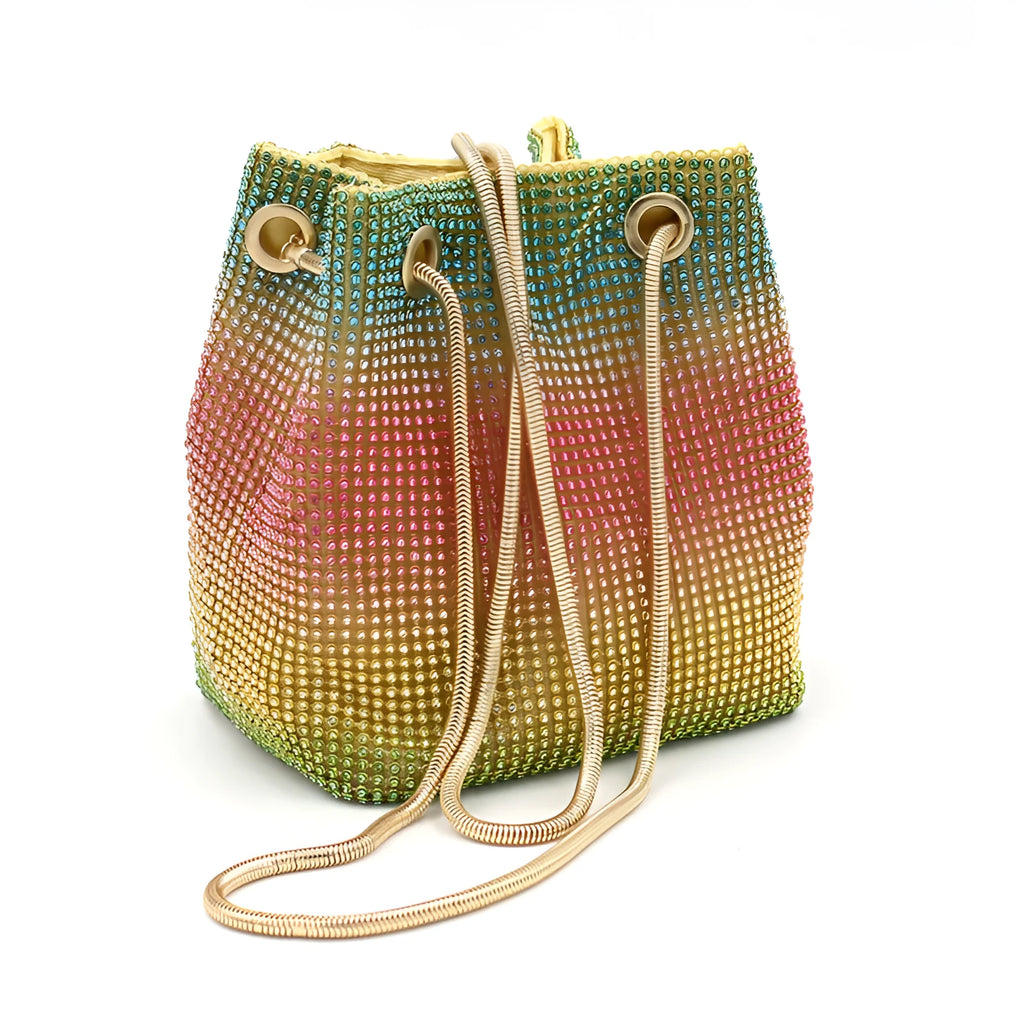 Rhinestone bucket bag with sparkling coverage and adjustable shoulder straps