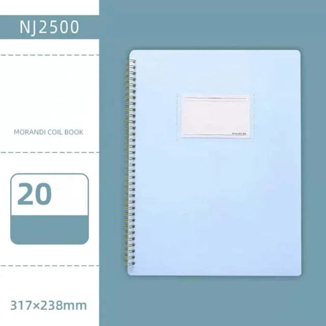 Morandi blue PP A4 coil file book with 20 display sheets on a white background