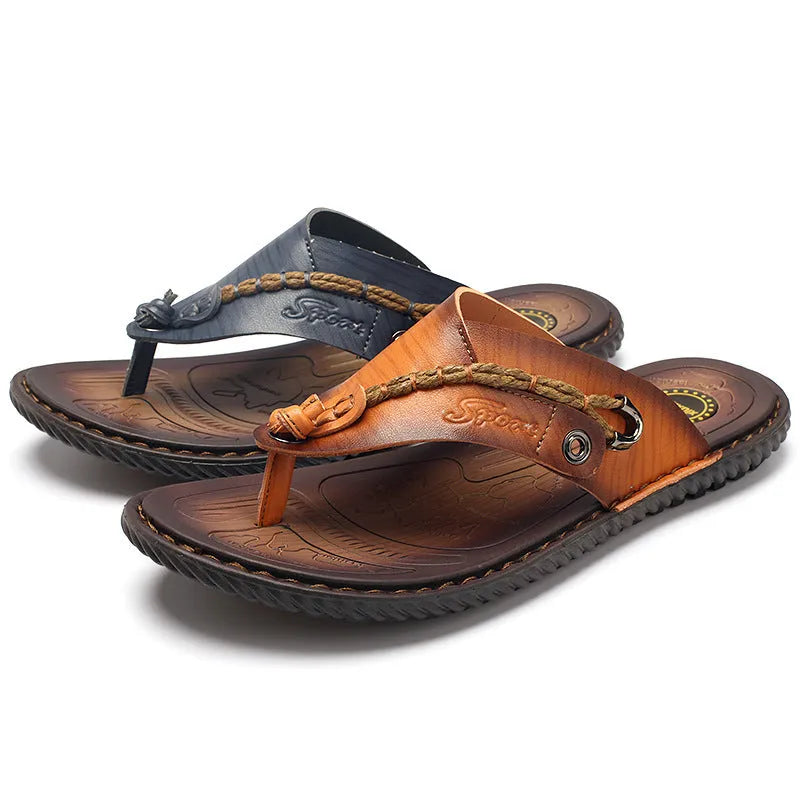 Men's herringbone-patterned outdoor slippers in dark blue with leather lining and rubber sole