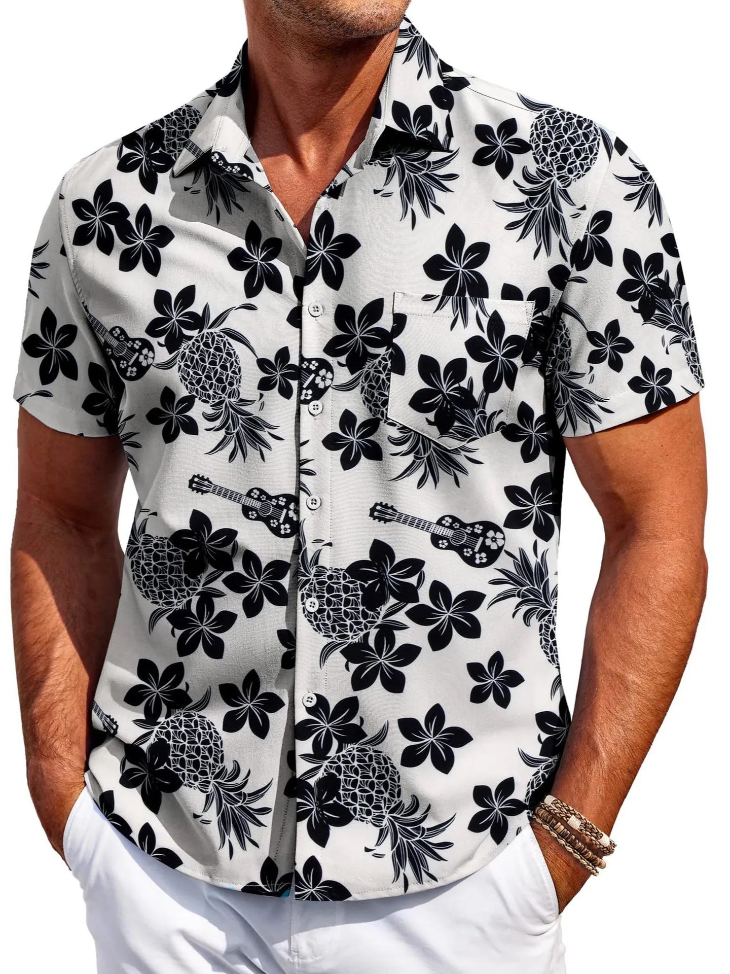 A man wearing a slim-fit short-sleeve shirt in a solid colour, showing the cardigan style and elastic fabric.