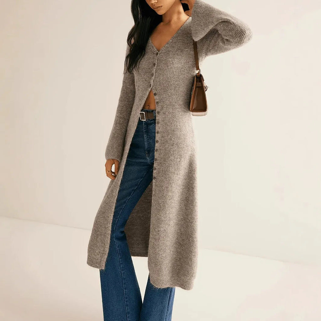 Khaki coloured French style retro long sleeve cardigan coat with button front closure.