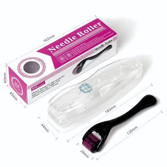 Black and purple derma rollers with titanium microneedles, showing different needle sizes from 0.2mm to 1.0mm