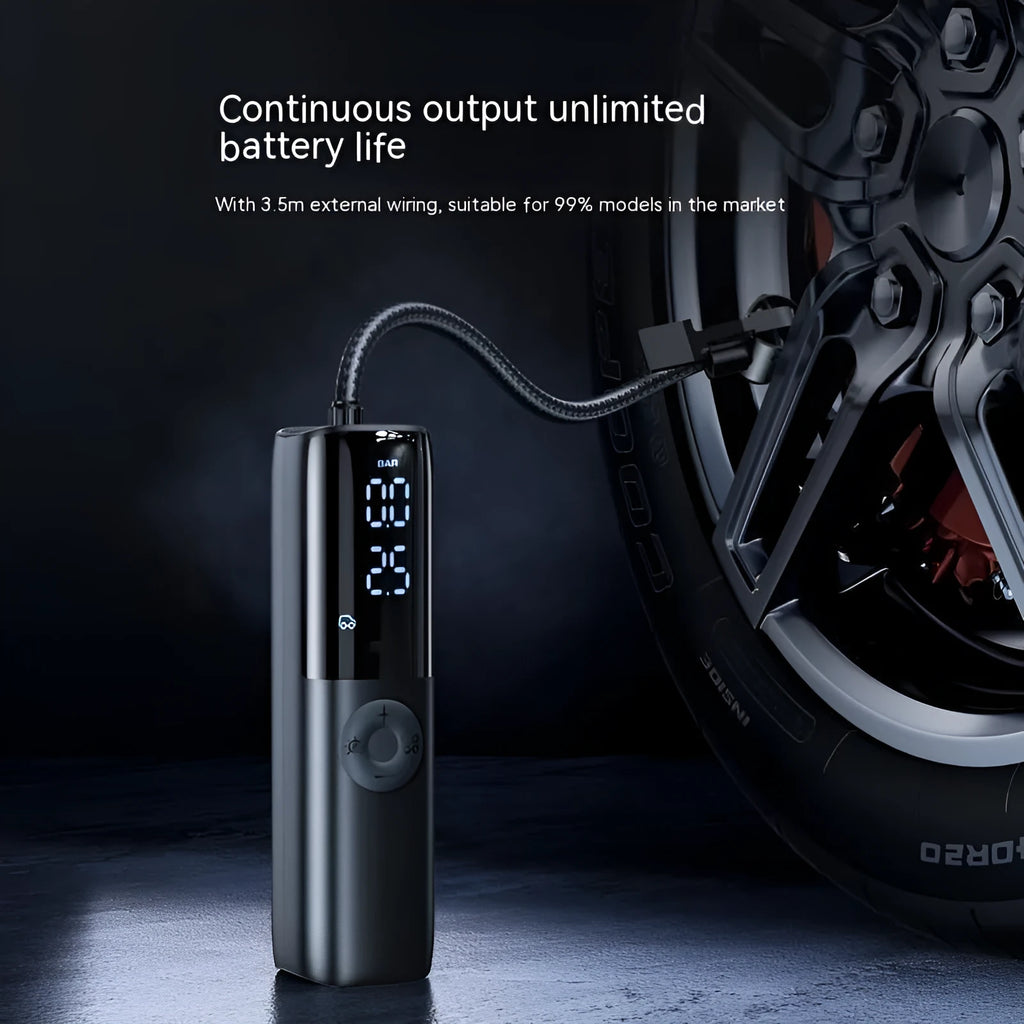 Black portable electric car air pump with tyre pressure gauge and power plug