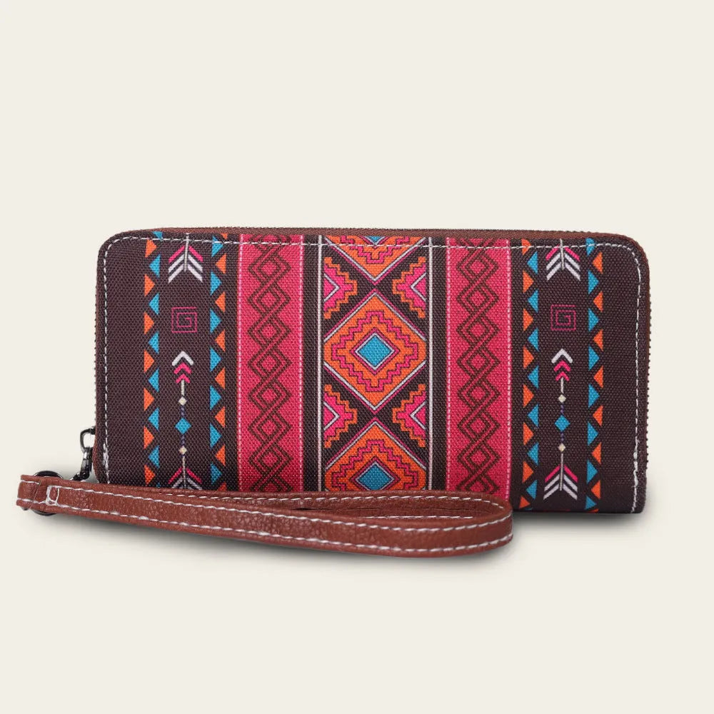 Bohemian stripe pattern RFID wallet with canvas construction showing interior polyester lining