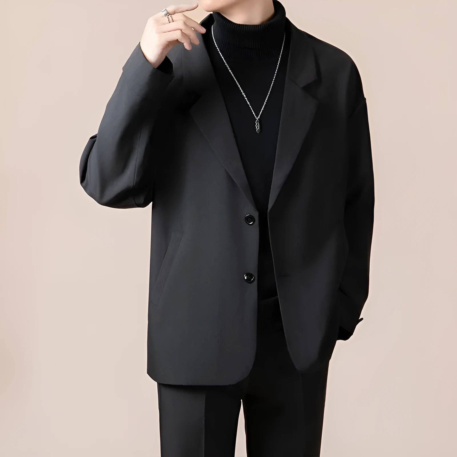 Men's loose fit casual suit jacket in chemical fibre blend fabric showing colour options