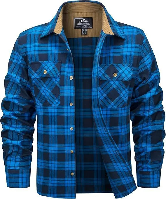 Men's plaid flannel casual button shirt in orange colour on a hanger.