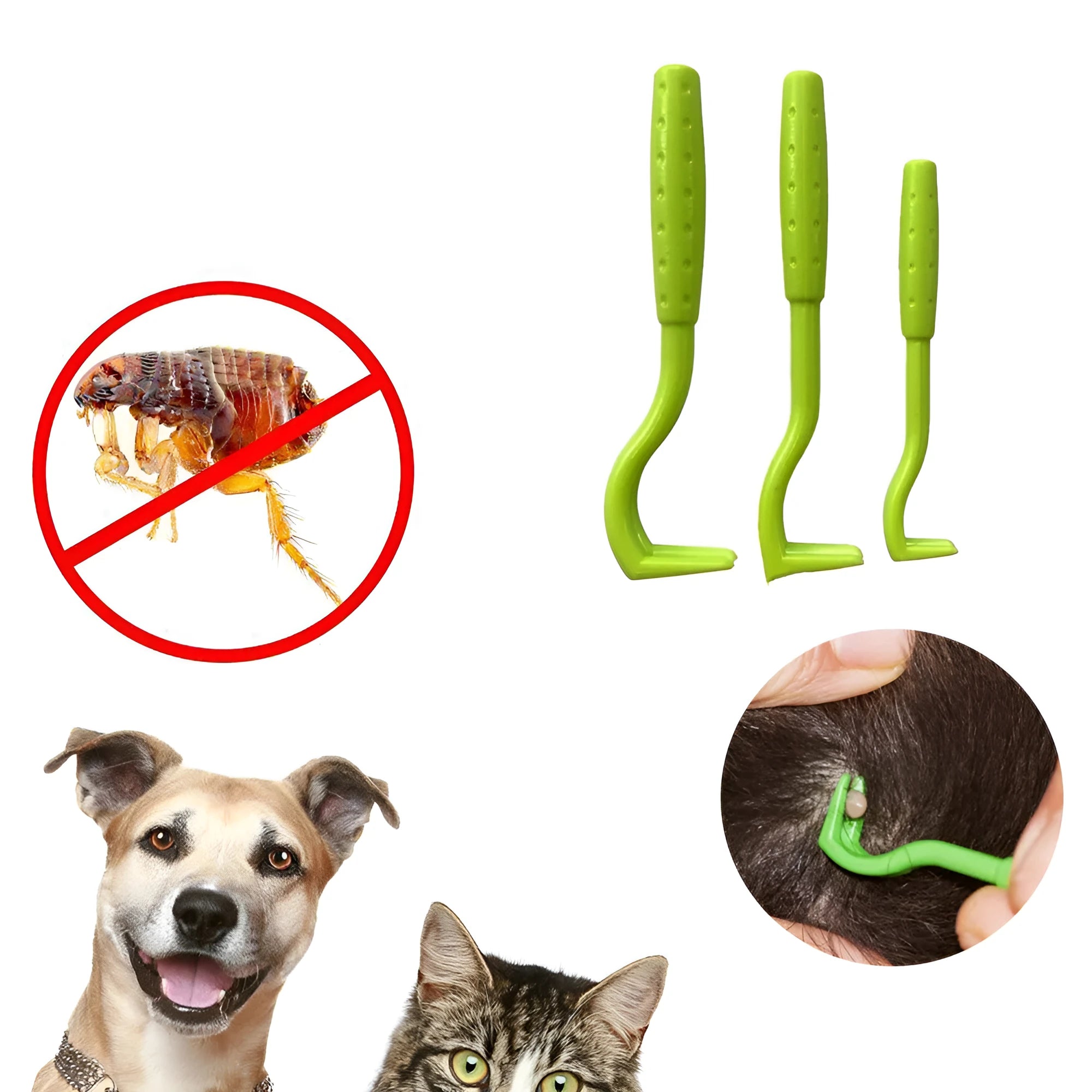 Three blue plastic tick removal clips for dogs and cats on a white background.
