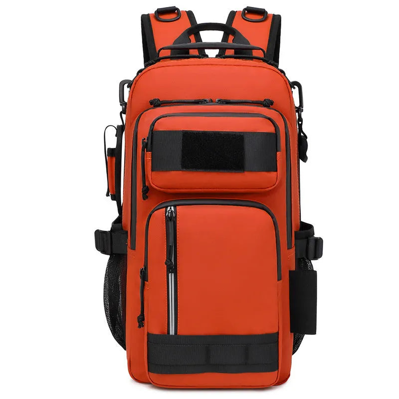 Large 20-35 litre outdoor backpack in orange colour made from Derm material for hiking and camping
