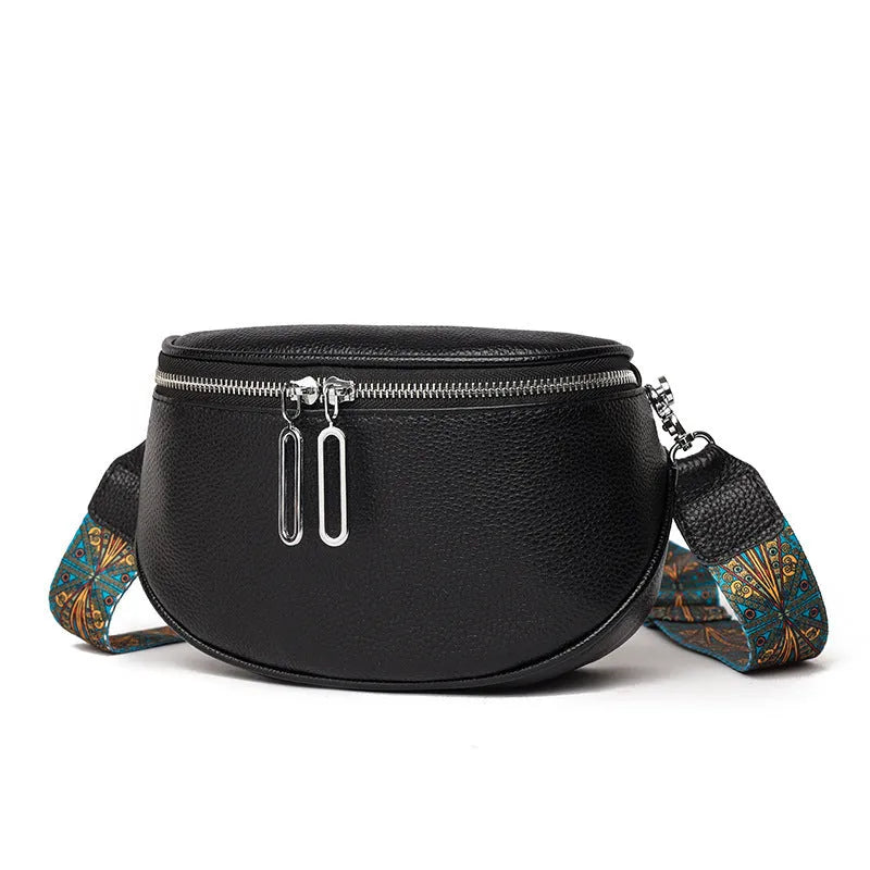 Women's soft PU leather messenger bag with saddle shape and crossbody strap in black, white or green colour options