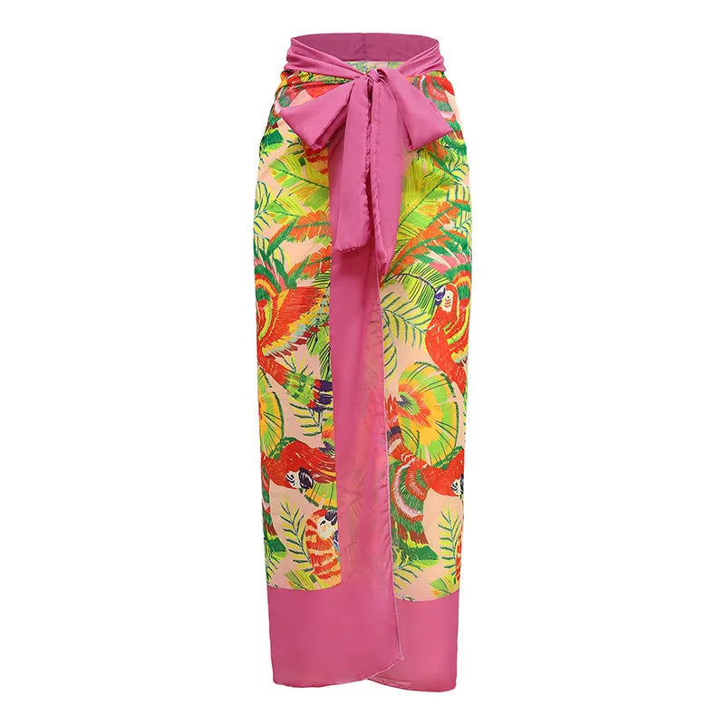 Women's pink floral print retro one-piece swimsuit with V-neck and matching skirt