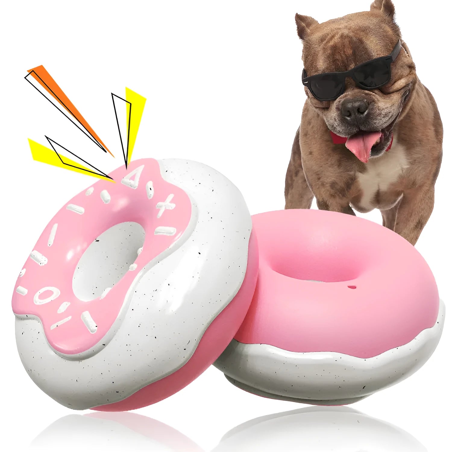 Pink donut-shaped dog chew toy with textured surface for molar cleaning