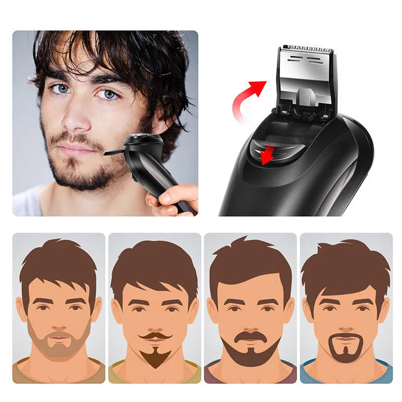 Men's electric shaver grooming kit with three rotating heads and a pop-up sideburn trimmer on a USB charging cable