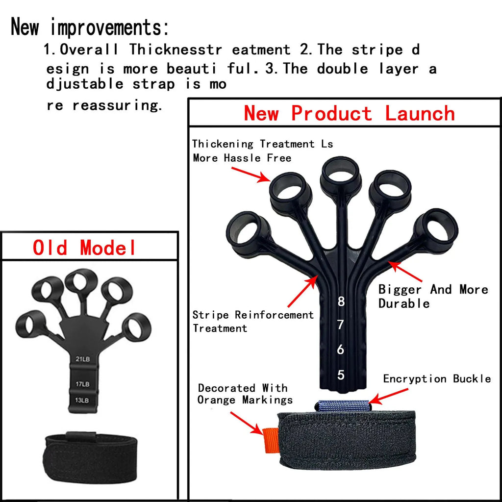 Black silicone finger rehabilitation trainer with adjustable tension belt for hand exercises