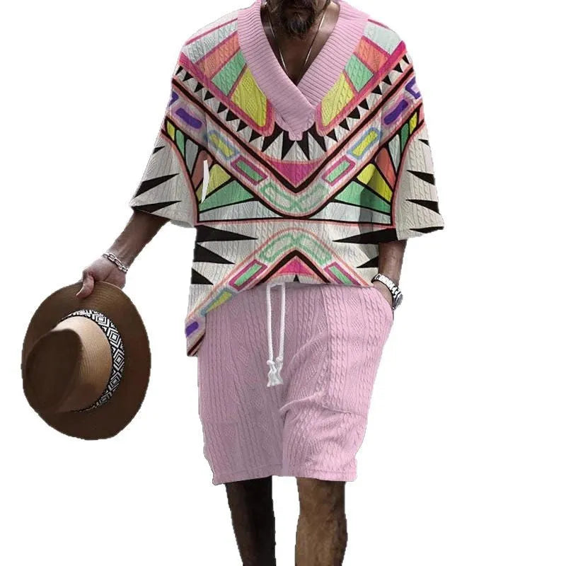 Loose casual short sleeve suit set for men in polyester fibre available in multiple colours