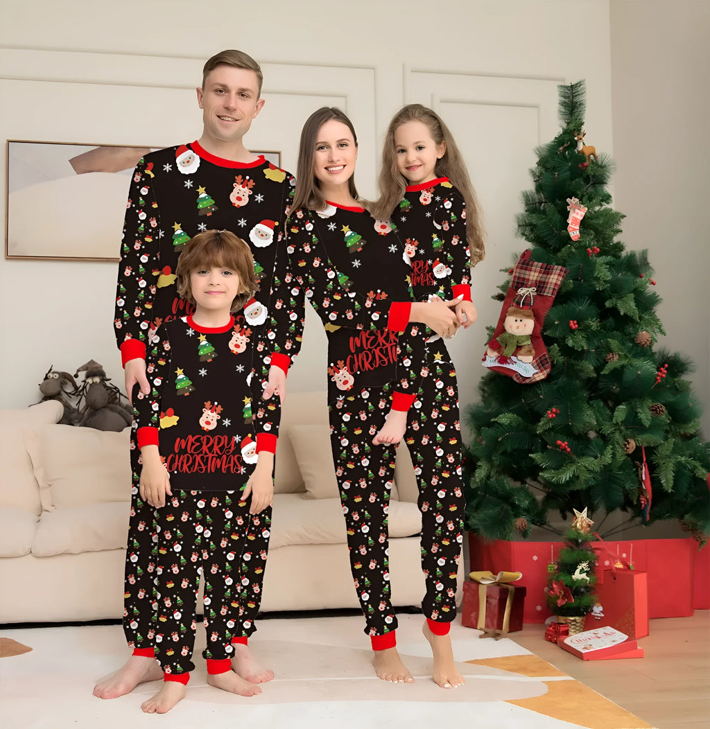 Family wearing matching red plaid Christmas pajamas with dog in matching pet pajamas