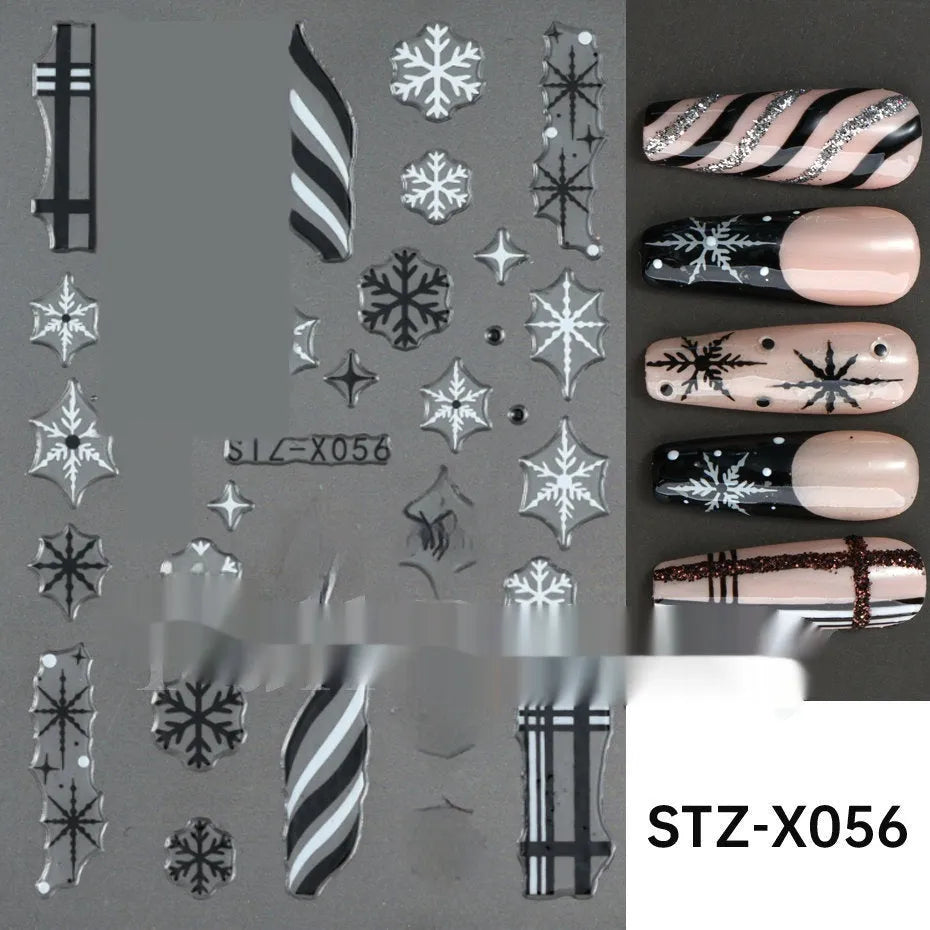 Close-up of a cartoon-style nail sticker with black and silver strips and a love pattern design on a fingernail.