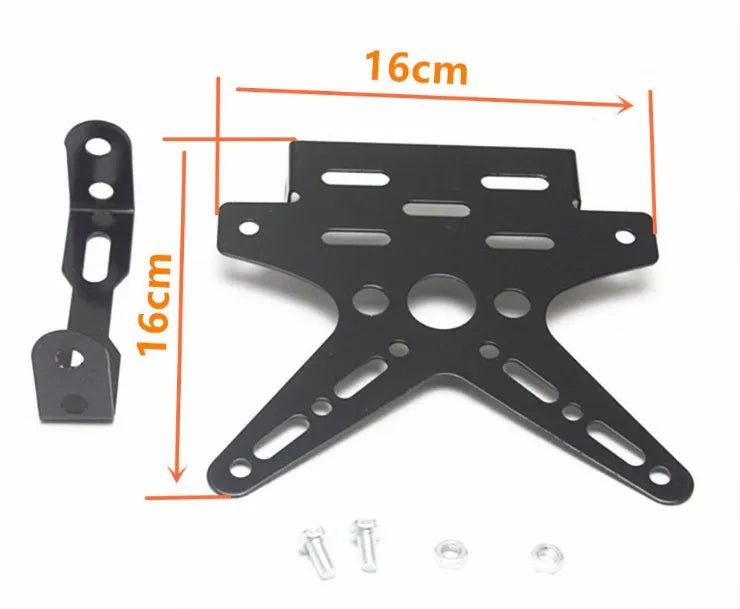 Aluminum alloy bat-shaped motorcycle license plate frame in silver, 16.8x16cm, with adjustable angle and visible mounting holes