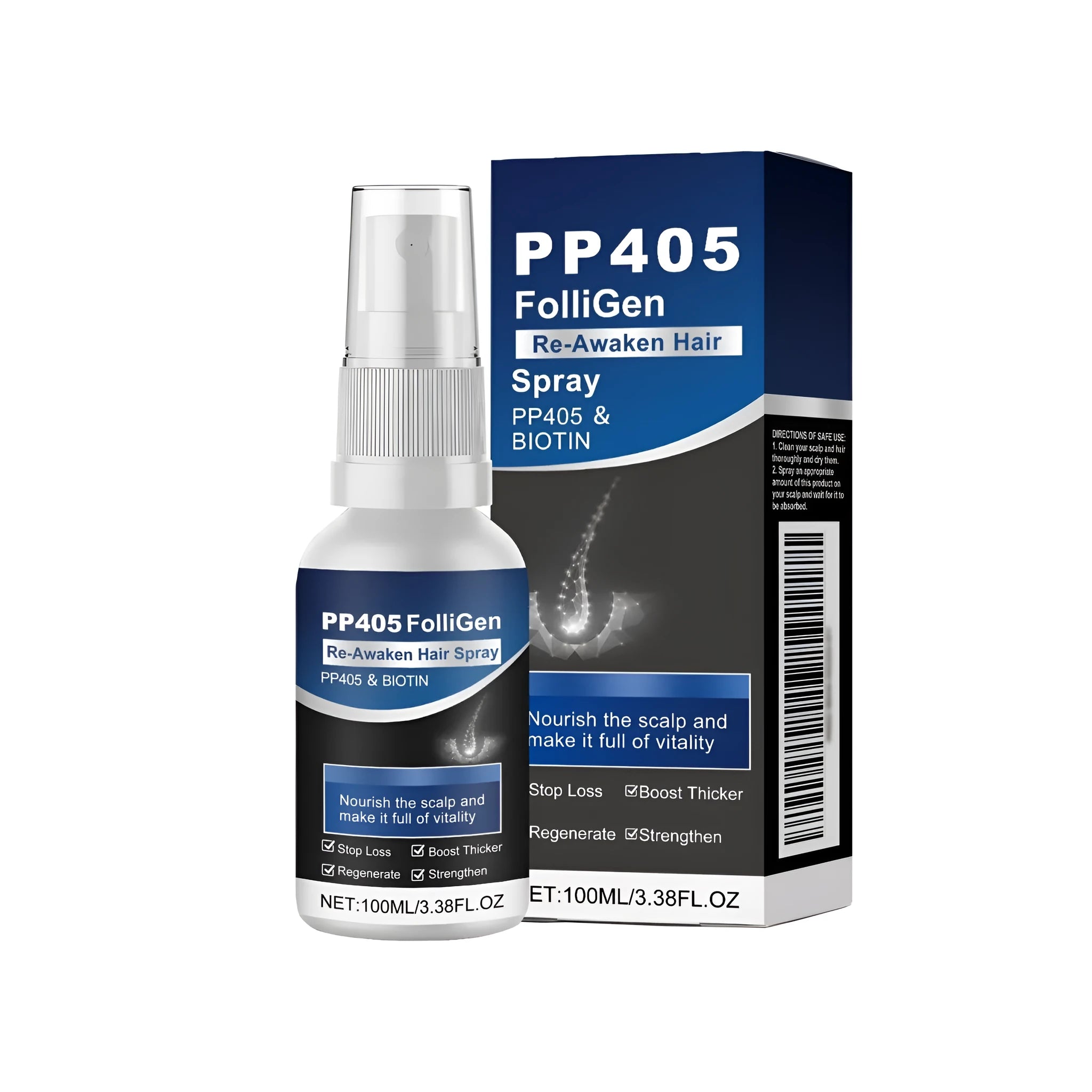 100ml bottle of ginger and rosemary hair nourishing spray with biotin on a white background.