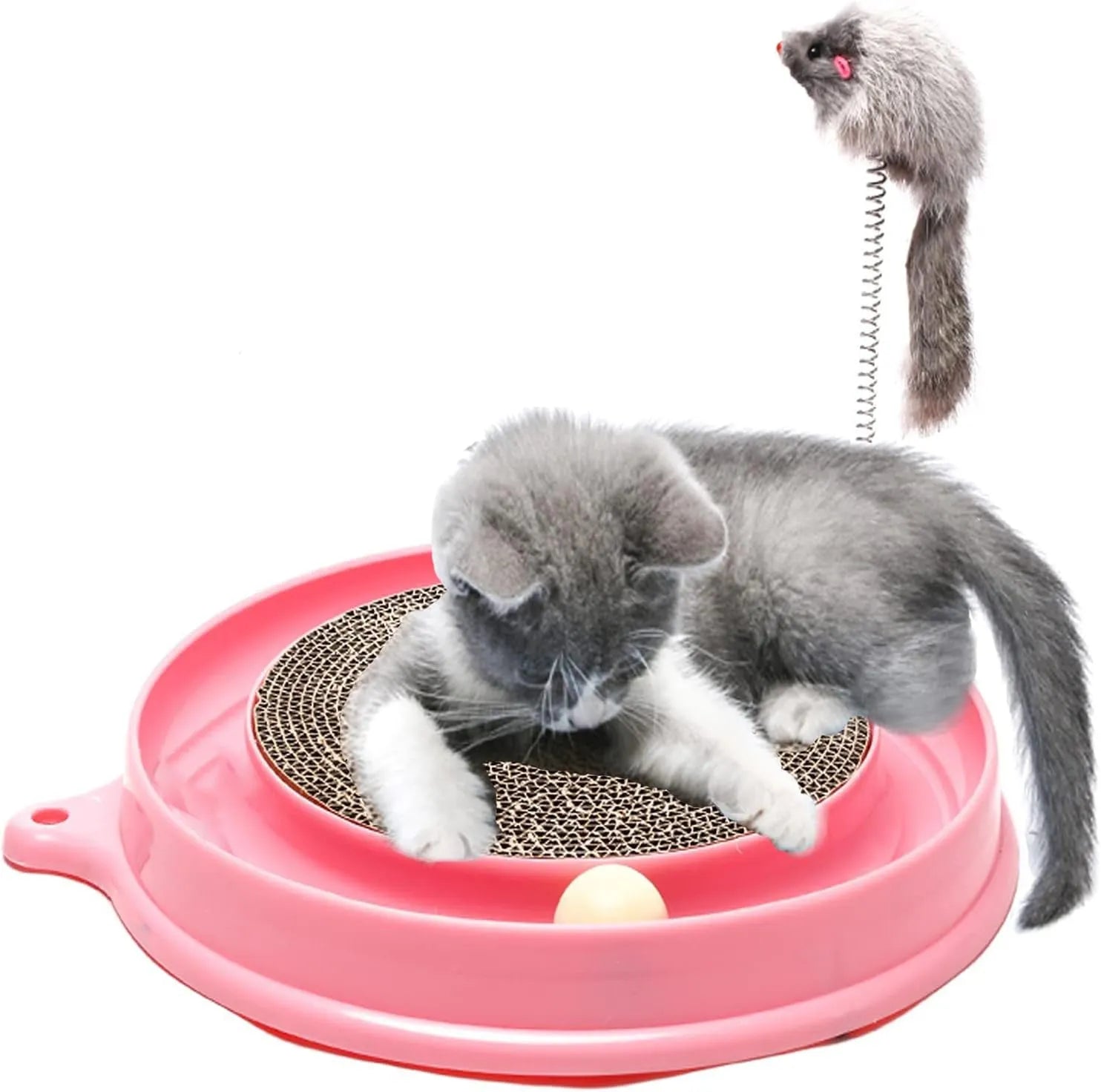 Interactive cat scratcher with rolling ball track and replaceable cardboard centre in blue colour