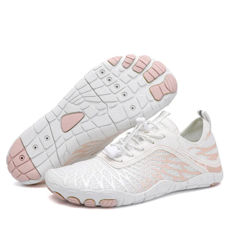 Outdoor sports shoes in multiple colours with lace-up front and rubber sole.