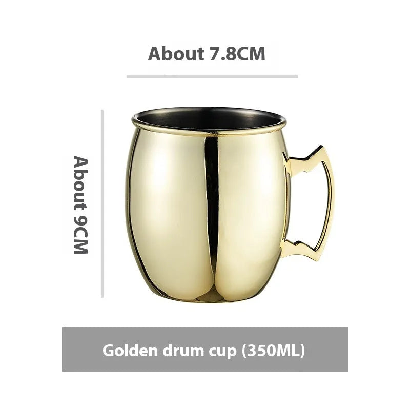 Copper plated stainless steel Moscow Mule mug in hammered and smooth styles, shown in silver, gold, rose gold, and black.