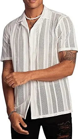 Man wearing a black knitted short-sleeved button shirt cardigan with a jacquard texture.
