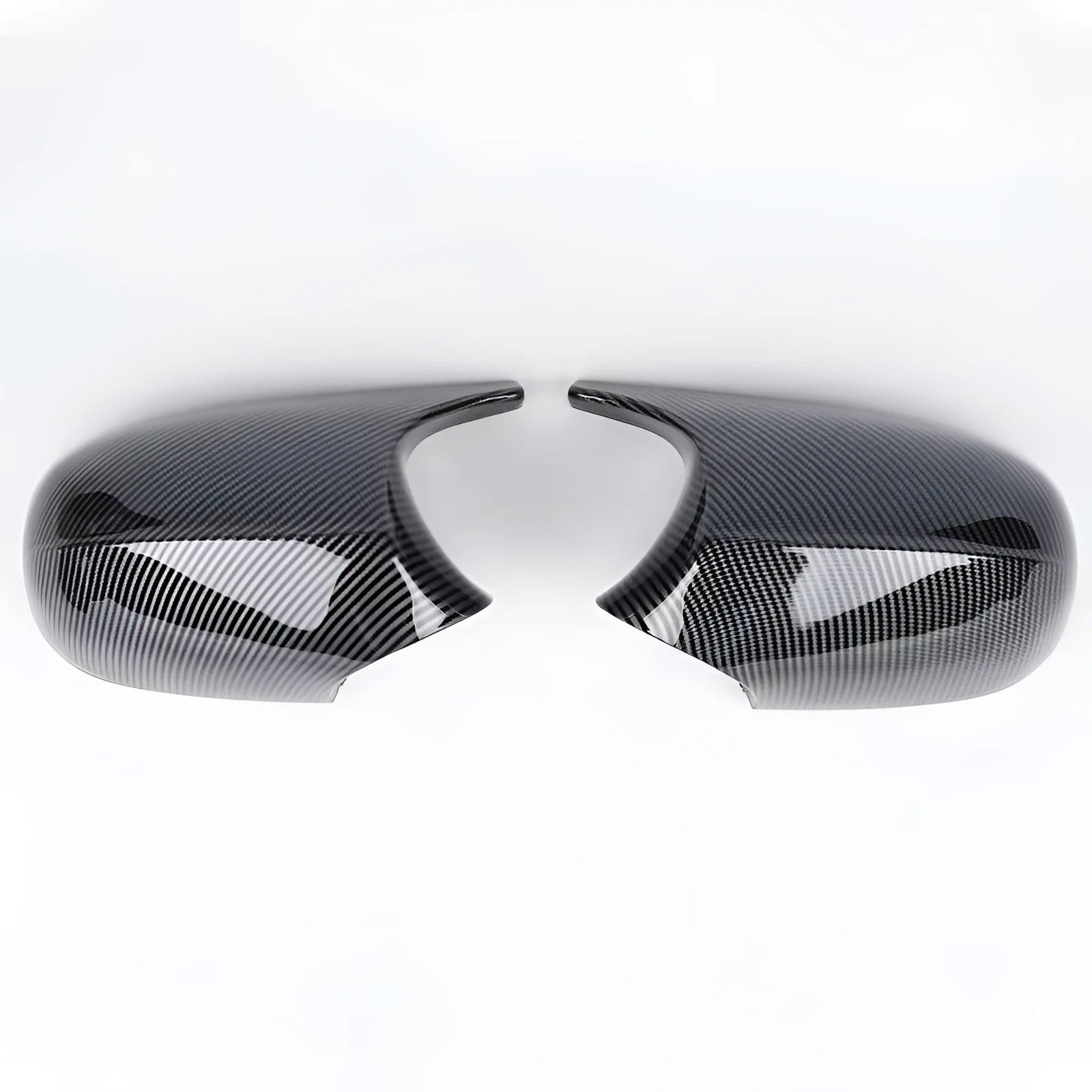 Pair of black ABS plastic rearview mirror shells for BMW 3 Series E90, shown alongside original equipment part numbers.