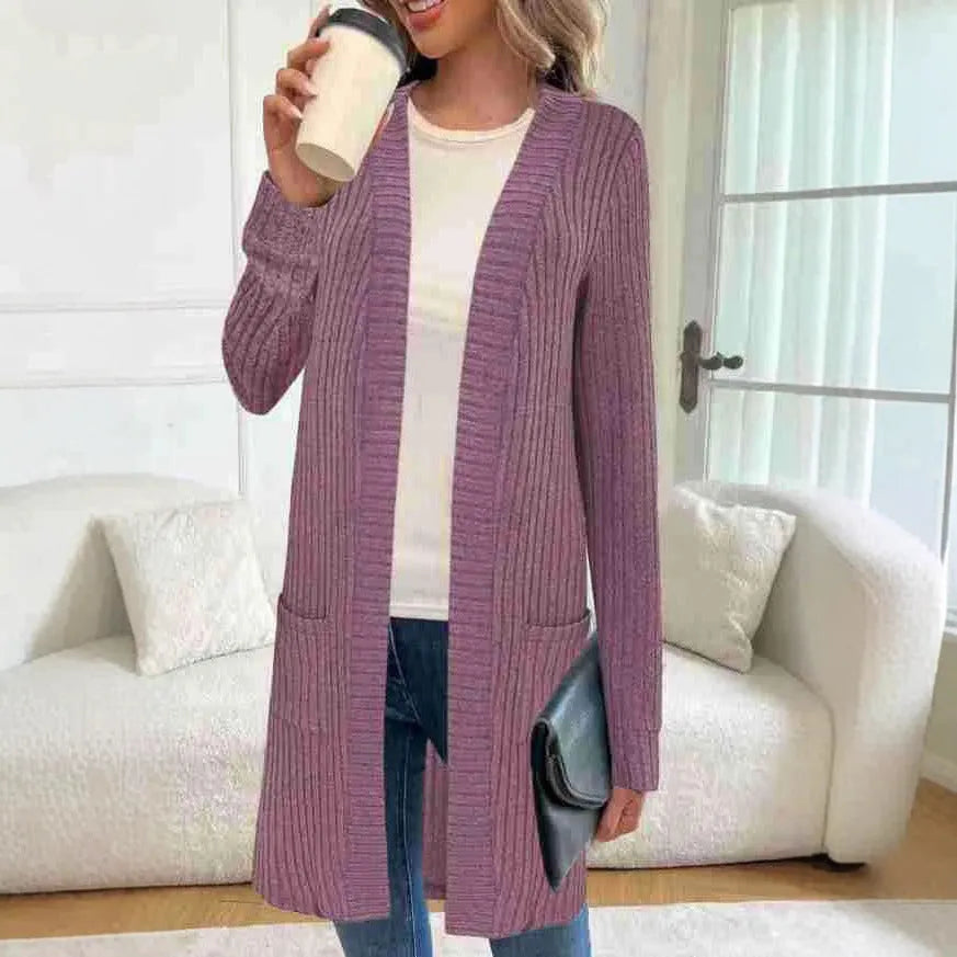 Loose fitting long sleeve knitted cardigan jacket with pockets in black, wine red and grey colours