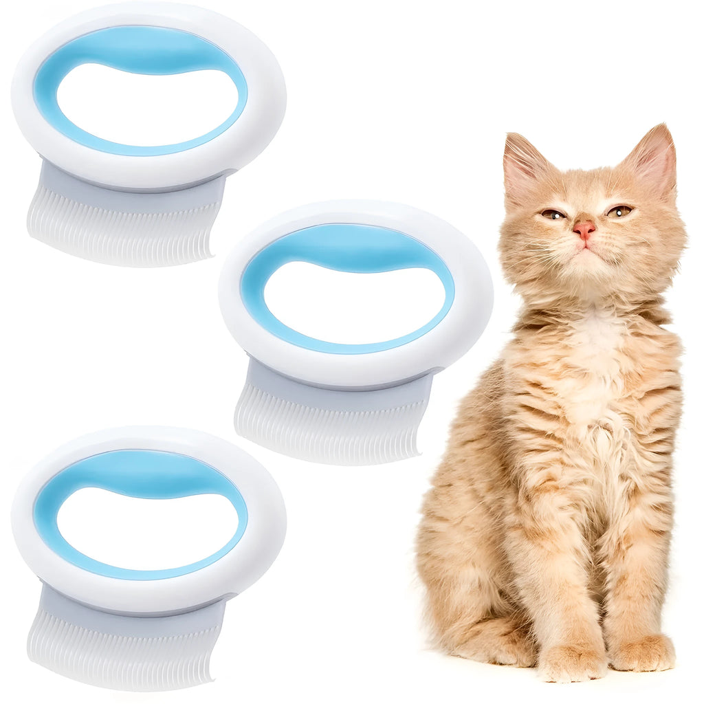 Blue pet deshedding comb with soft teeth and ergonomic plastic handle on a white background.